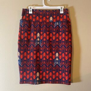 Red and Blue Art Deco Chevron Pattern LuLaRoe Cassie Pencil Skirt Sz L